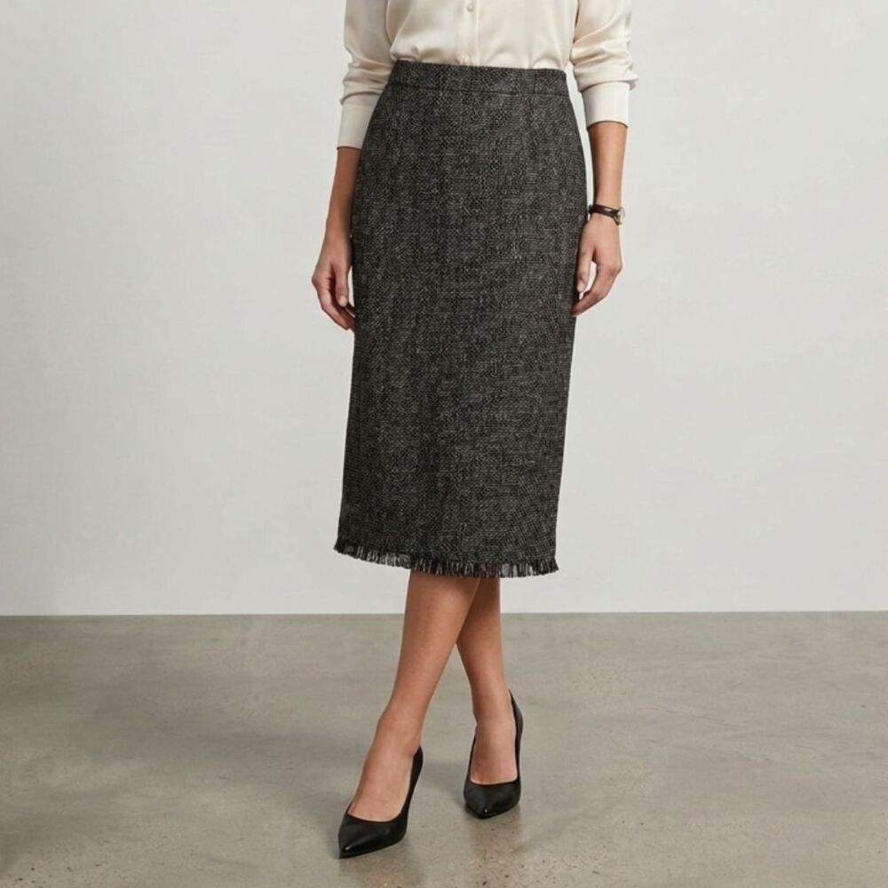 Sag Harbor Tweed Midi Skirt Womens Size 12 Black Gray Fringe Hem Pencil Career
